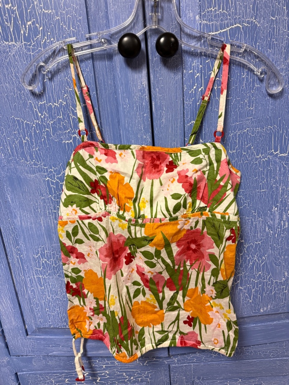 Floral Spaghetti Strap Tank Top - White with Pink & Orange Flowers